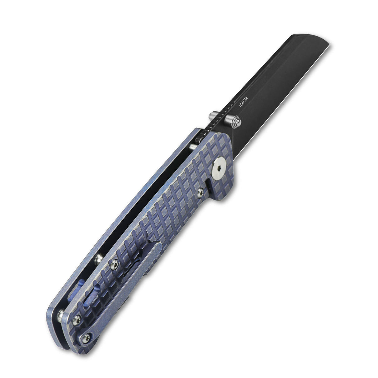 QSP Penguin pocket knife with blue titanium handle and 154CM sheepsfoot blade