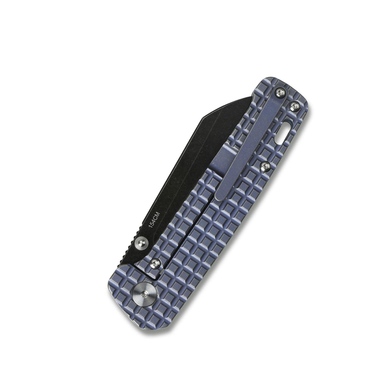 Blue textured titanium handle QSP Penguin pocket knife with black 154CM blade