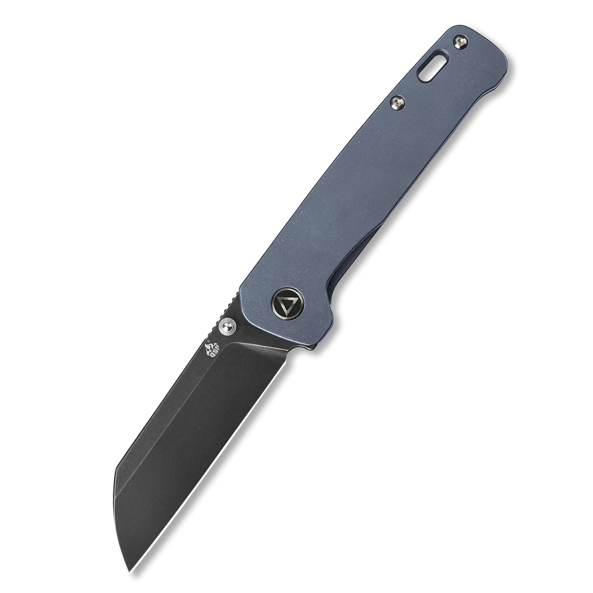 Closed QSP Penguin pocket knife with 154CM blade and blue titanium handle.