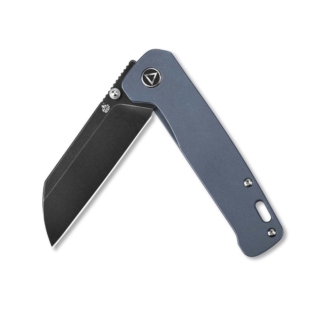 Folded QSP Penguin pocket knife with blue titanium handle and black 154CM blade.