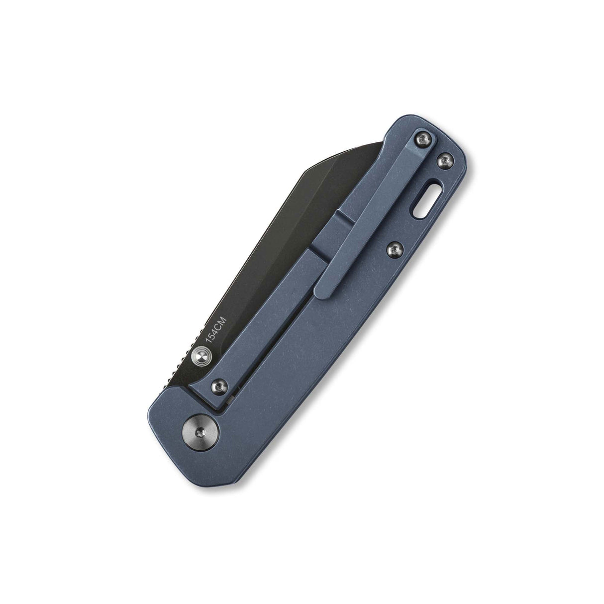 Closed QSP Penguin pocket knife featuring blue titanium handle and sleek black blade.