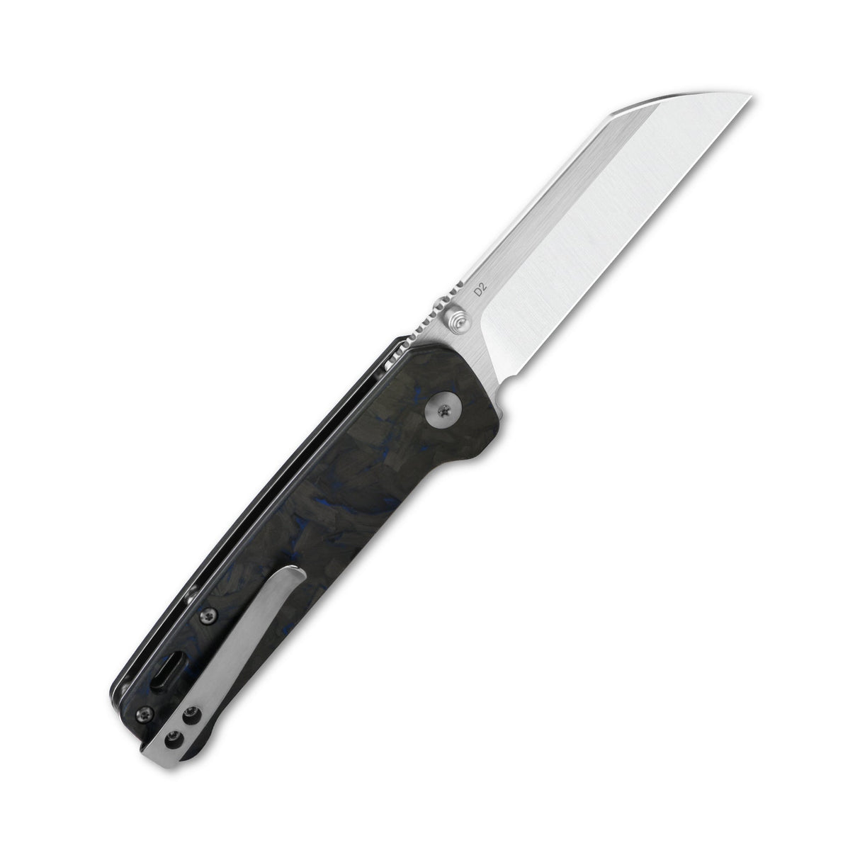 QSP Penguin pocket knife featuring D2 blade and blue carbon fiber handle, open view.