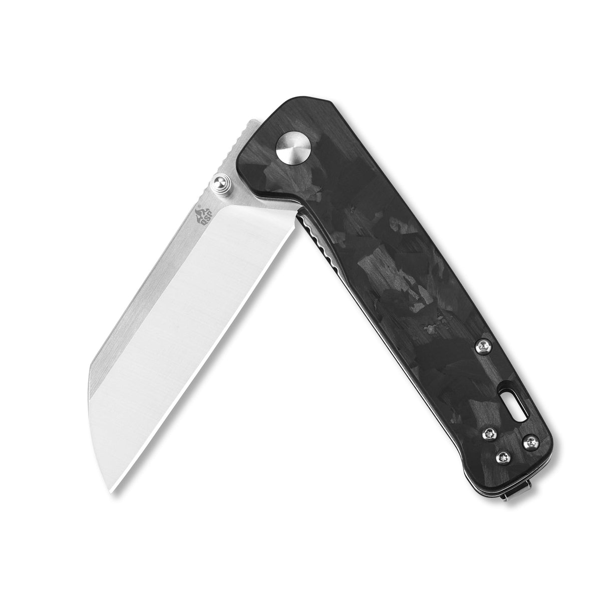 QSP Penguin pocket knife D2 blade with black carbon fiber handle, partially open