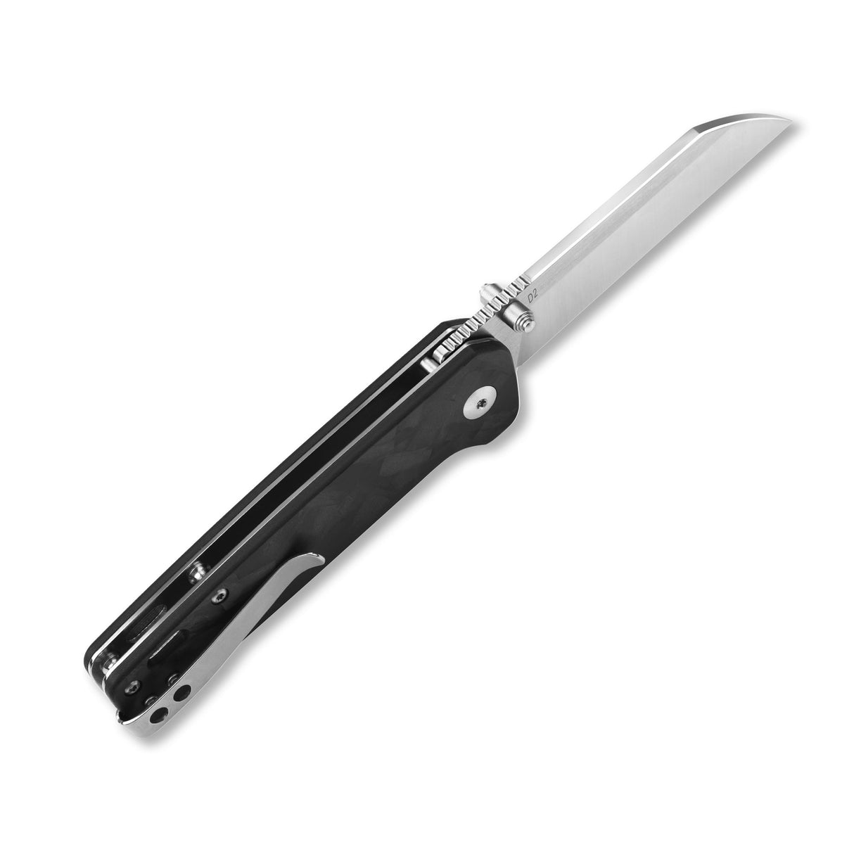 QSP Penguin pocket knife with D2 blade and shiny black G10 handle, partially open