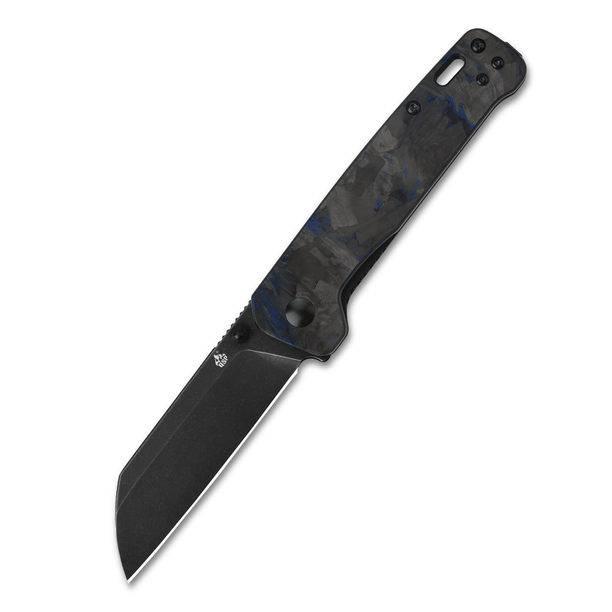 QSP Penguin pocket knife with sheepsfoot D2 blade and blue carbon fiber handle, open.