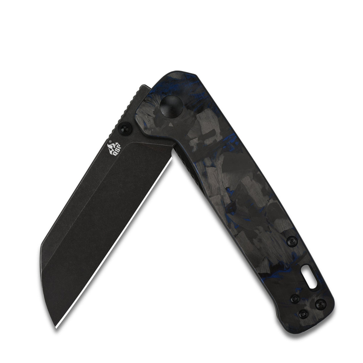 QSP Penguin pocket knife with black sheepsfoot D2 blade and blue patterned G10 handle.