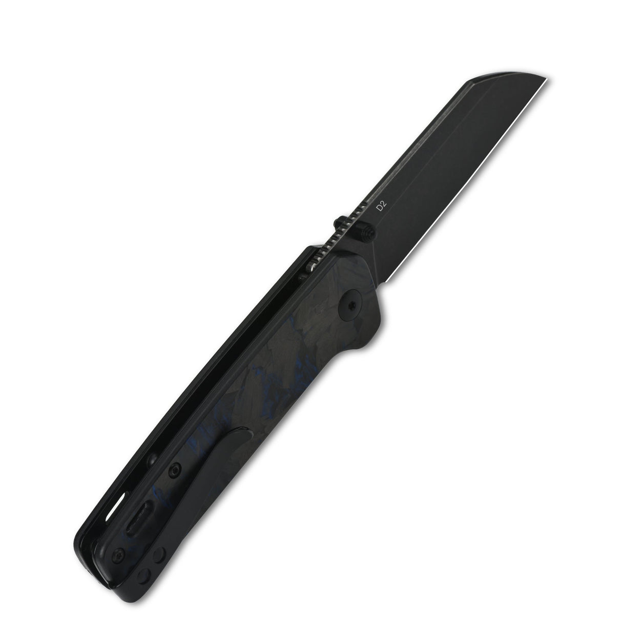 QSP Penguin pocket knife with D2 black blade and blue carbon fiber G10 handle, open view.