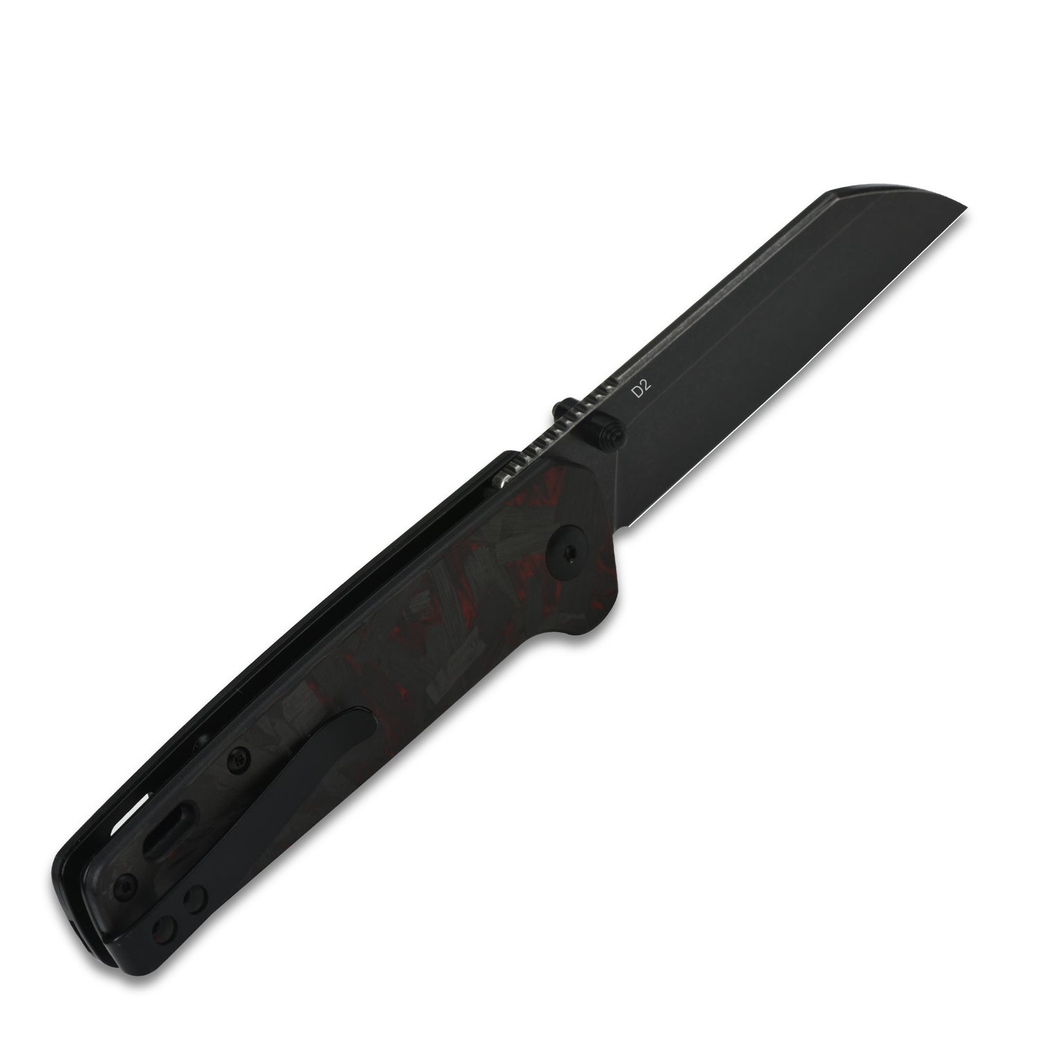 QSP Penguin pocket knife with black D2 blade and red CF G10 handle, side profile view