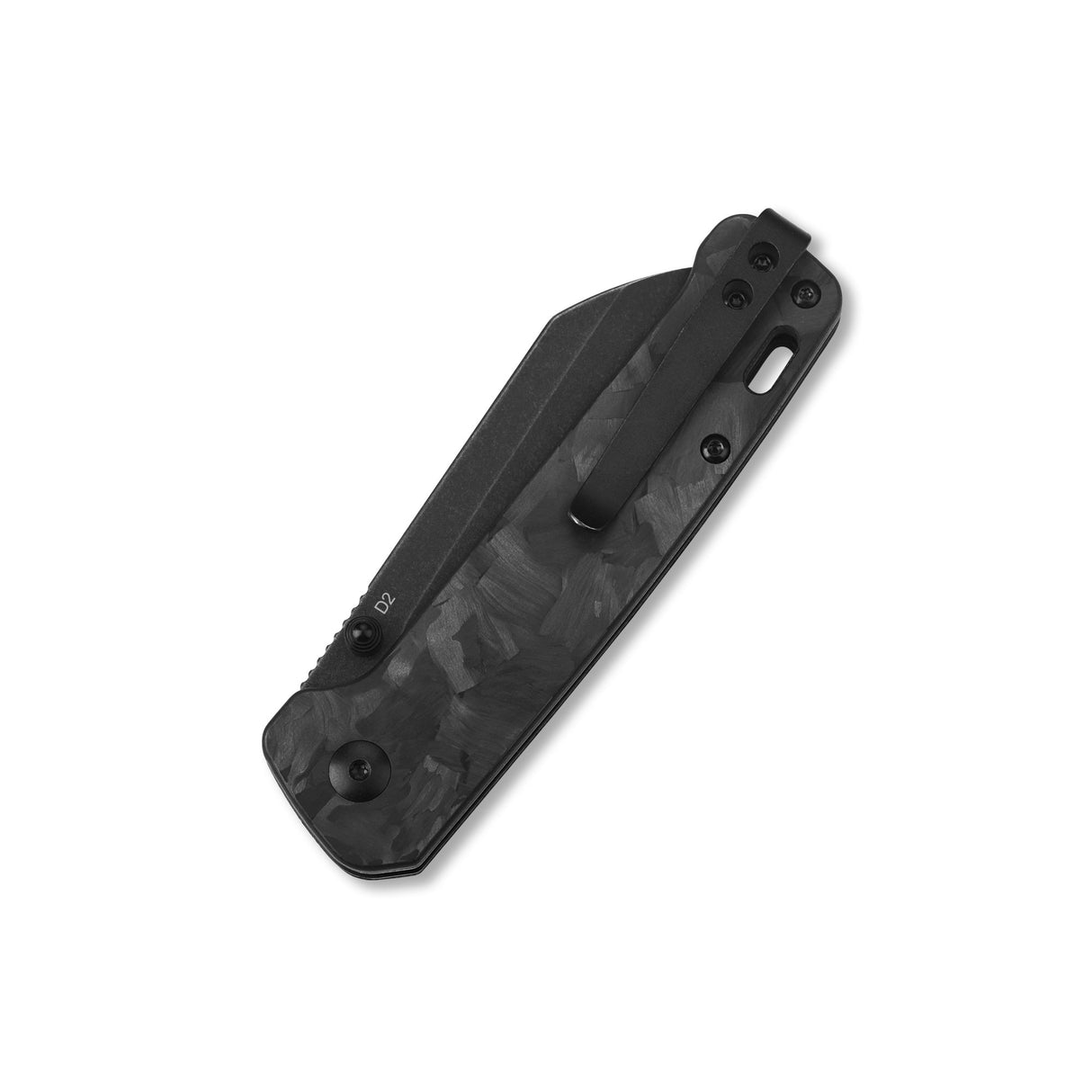 Closed QSP Penguin pocket knife with black carbon fiber handle and D2 blade