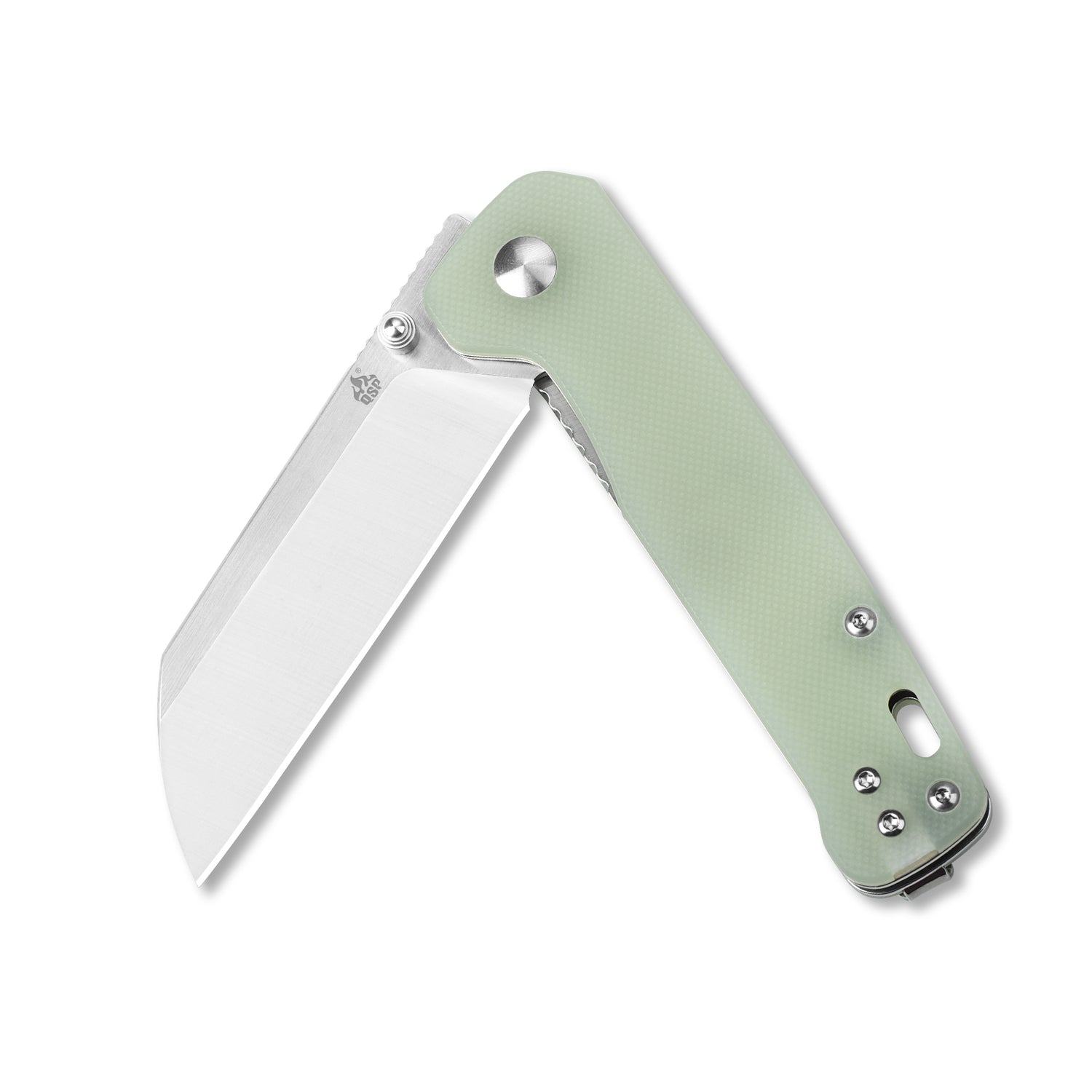 QSP Penguin folding knife featuring jade G10 handle and D2 stainless steel blade