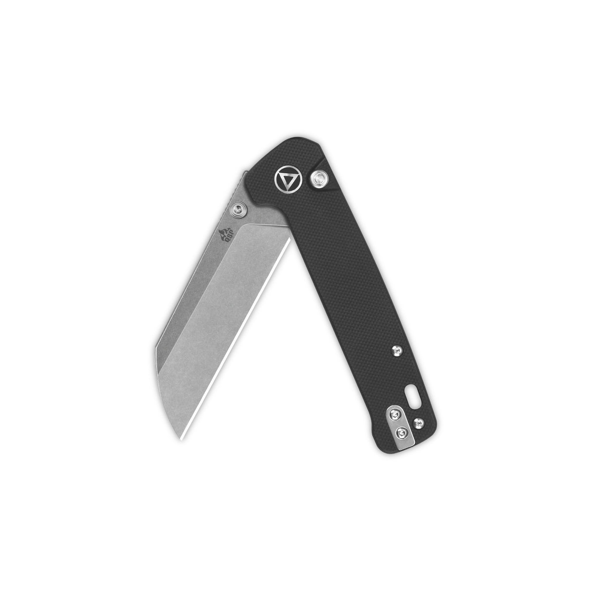 QSP Penguin Button Lock pocket knife with black G10 handle and partially opened 14C28N blade