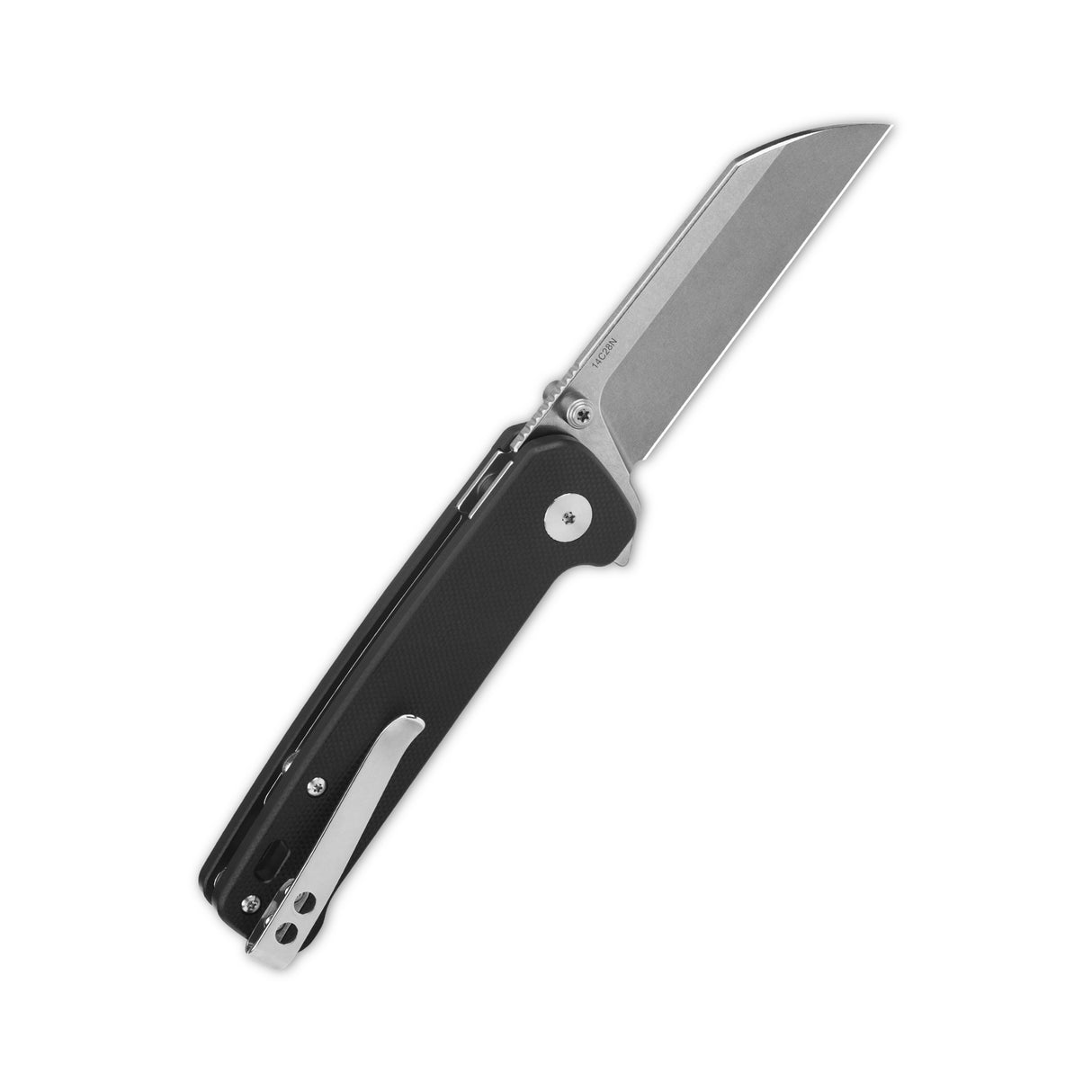 QSP Penguin Button Lock pocket knife with partially open 14C28N blade and G10 handle