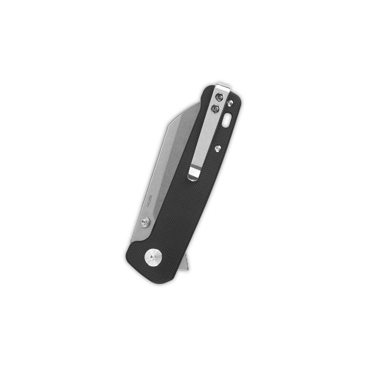 QSP Penguin Button Lock pocket knife side profile with black G10 handle and 14C28N blade
