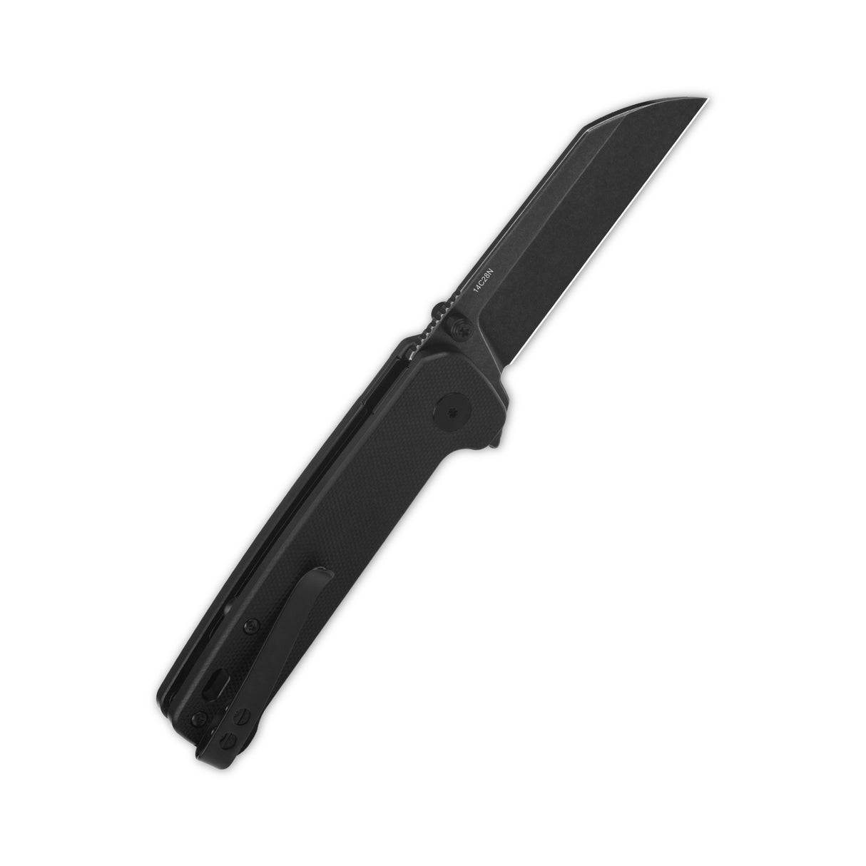 QSP Penguin Button Lock Pocket Knife partially open with black G10 handle and sheepsfoot blade