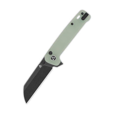Closed QSP Penguin Button Lock Pocket Knife with jade G10 handle and black blade