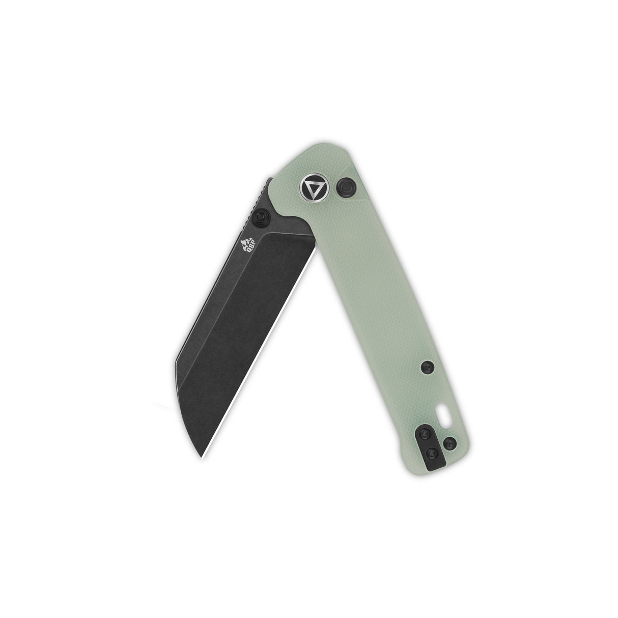 Folded QSP Penguin Button Lock Knife with jade G10 handle and black blade