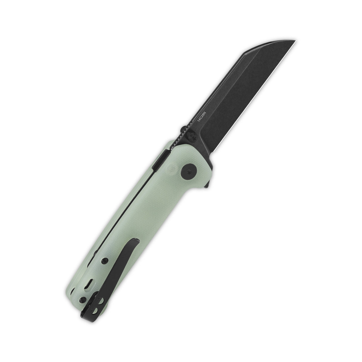 Closed QSP Penguin Button Lock Knife with jade G10 handle and black blade side view