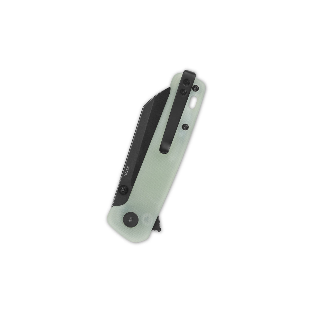 Closed QSP Penguin Button Lock Knife with jade handle and black blade profile view