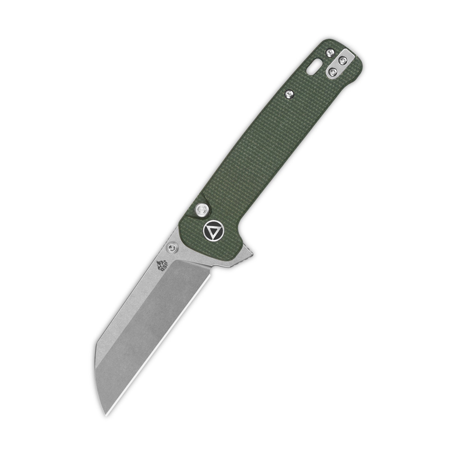 QSP Penguin Button Lock Pocket Knife with green micarta handle and sheepsfoot blade