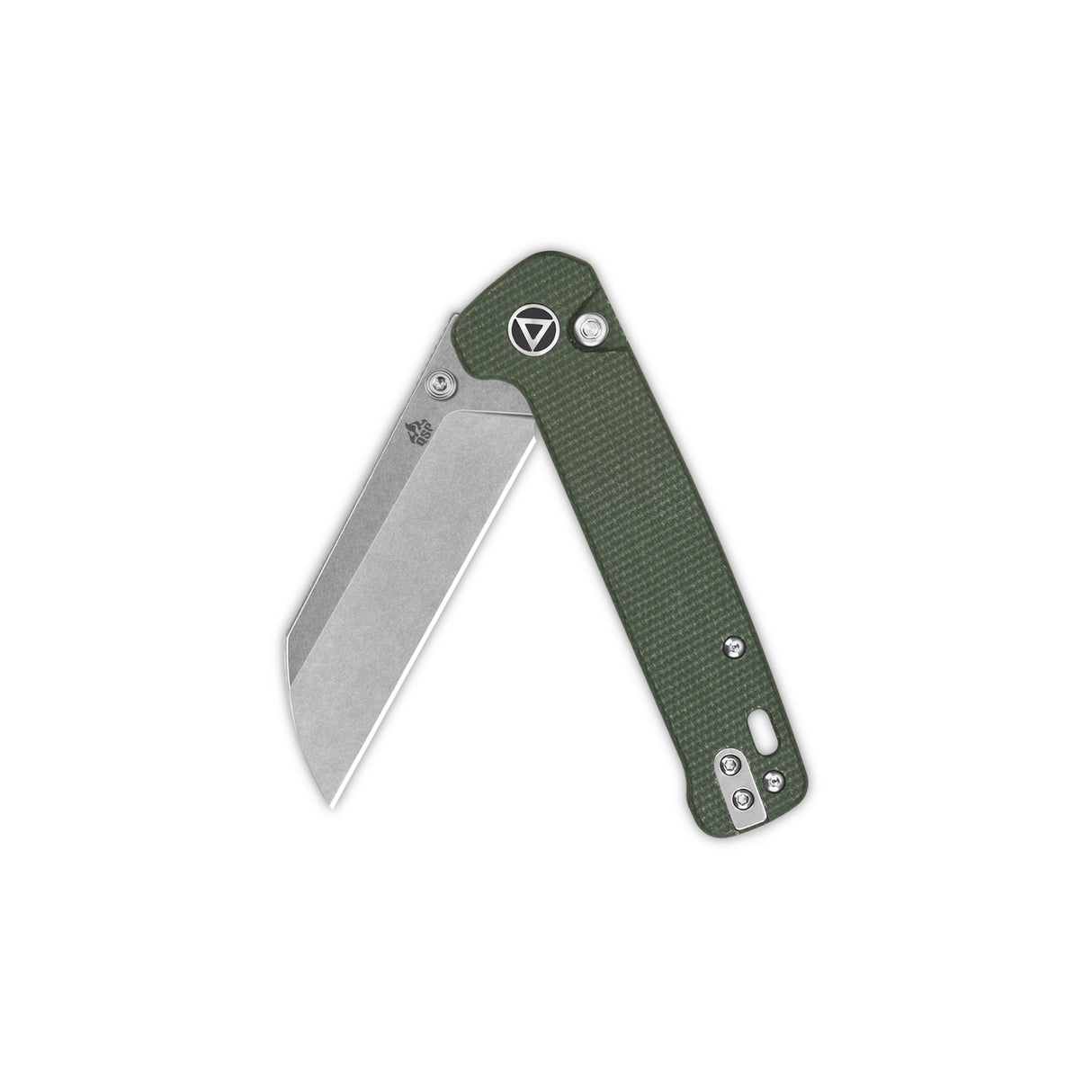 QSP Penguin Button Lock Pocket Knife with green micarta handle and sheepsfoot blade