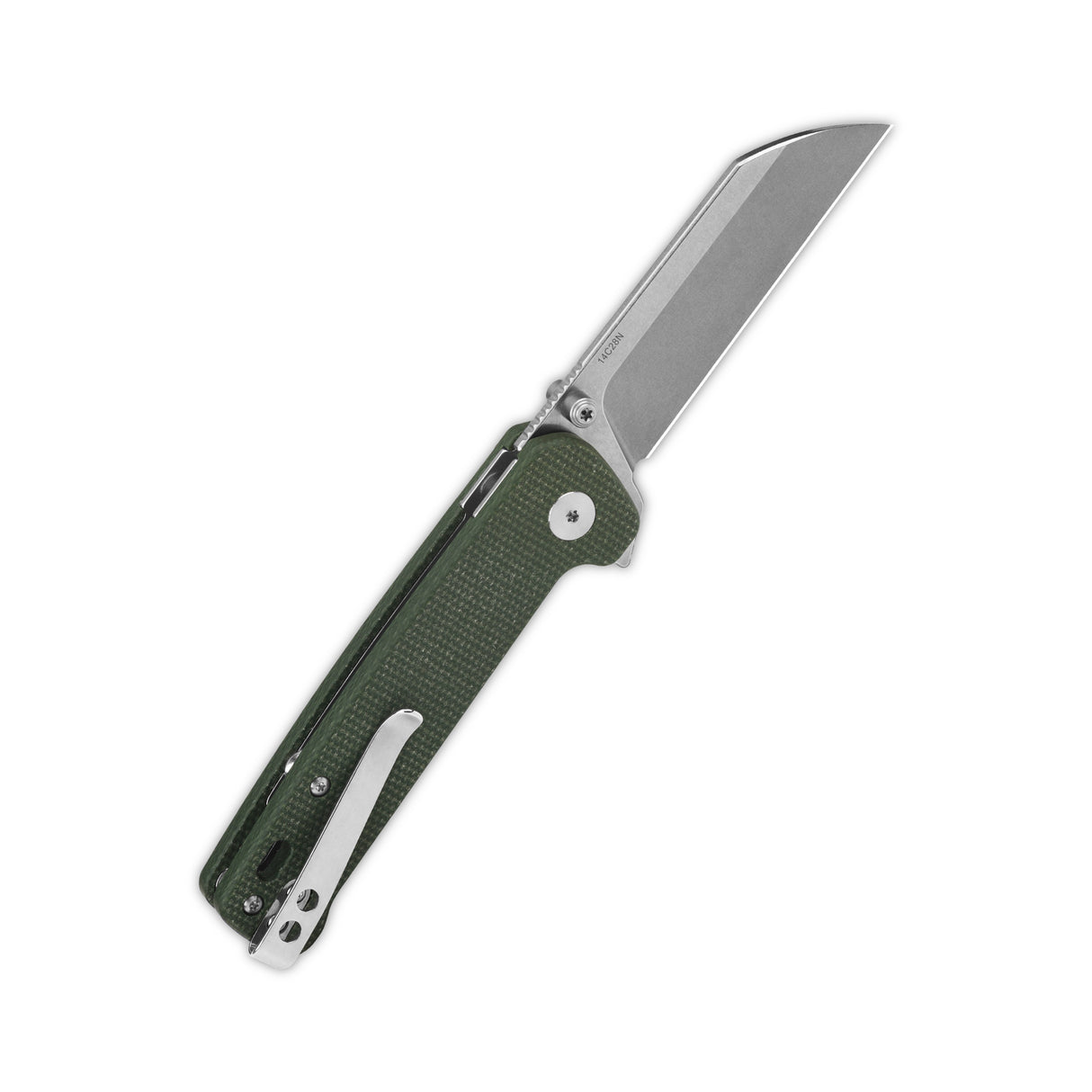 QSP Penguin Button Lock Knife with green micarta handle and sheepsfoot blade knife design