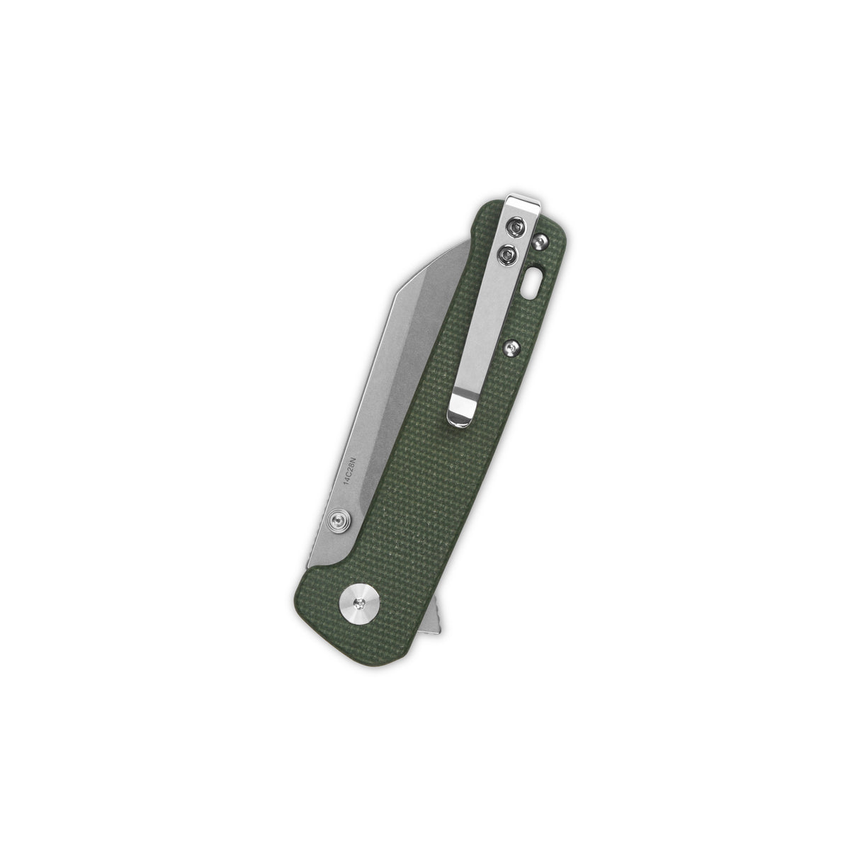 QSP Penguin Button Lock knife with green micarta handle and sheepsfoot blade visible