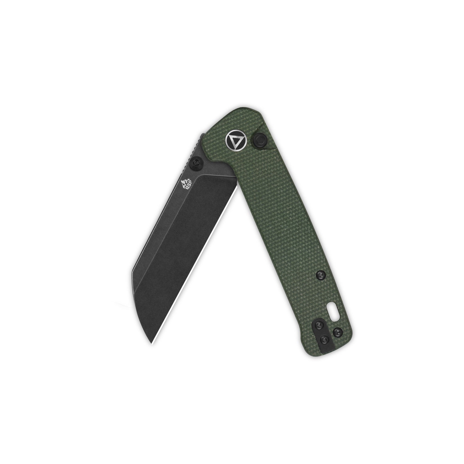 QSP Penguin Button Lock Pocket Knife with green micarta handle and black-coated sheepsfoot blade.