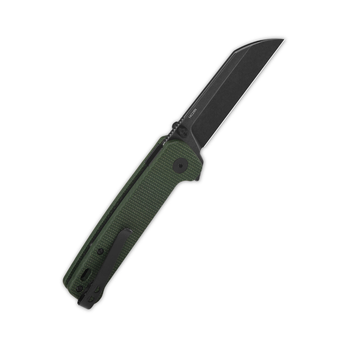 QSP Penguin Button Lock knife with black-coated sheepsfoot blade and green micarta handle