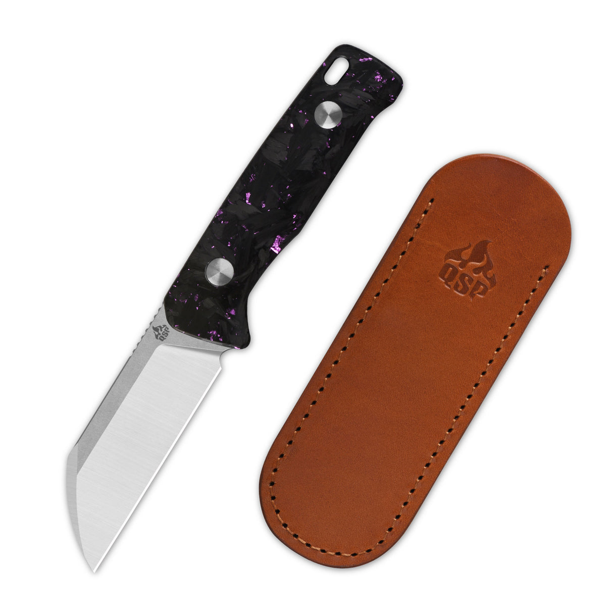 QSP Baby Penguin 14C28N blade Purple shredded CF handle with Clip Slip sheath