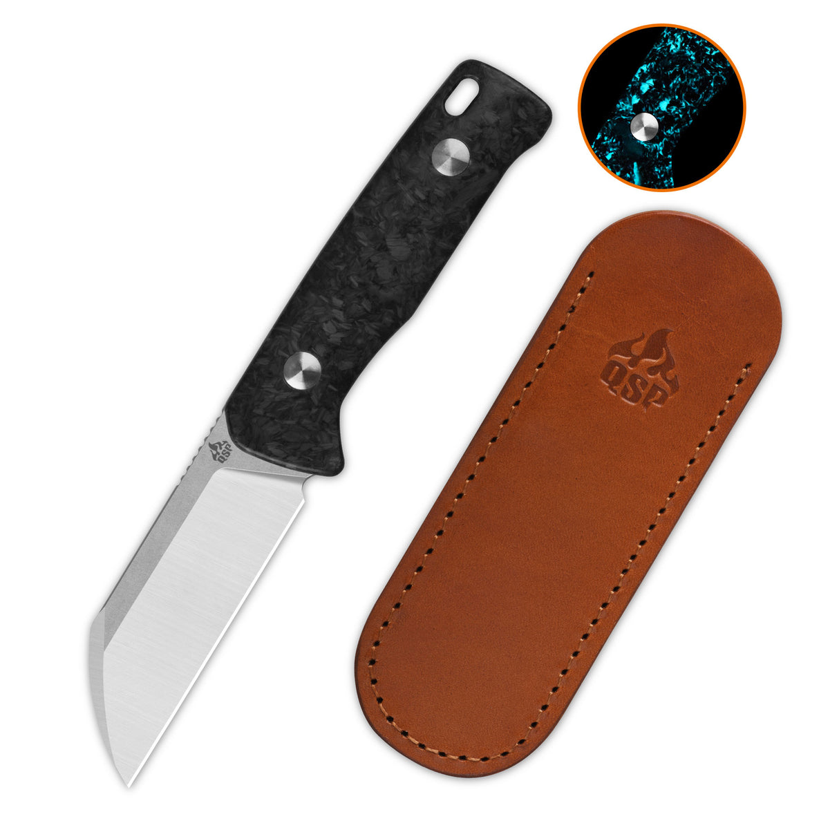 QSP Baby Penguin 14C28N blade Blue glow-in-the-dark shredded CF handle with Clip Slip sheath