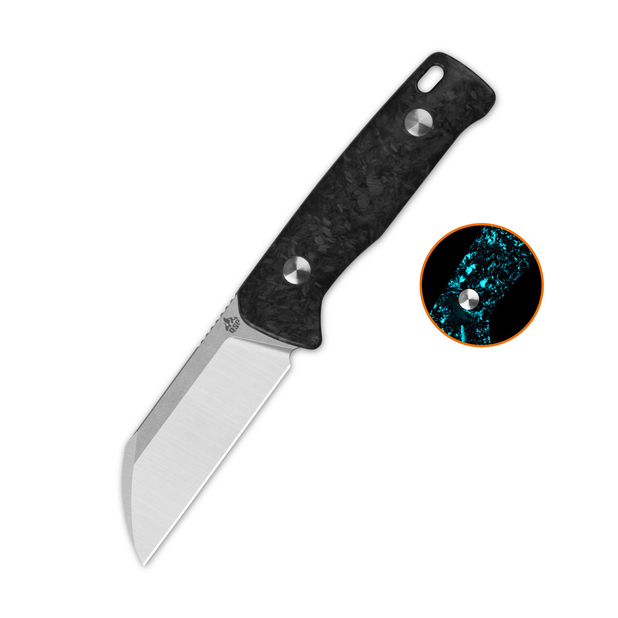 QSP Baby Penguin 14C28N blade Blue glow-in-the-dark shredded CF handle with Clip Slip sheath