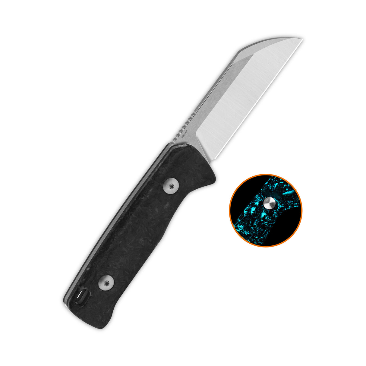 QSP Baby Penguin 14C28N blade Blue glow-in-the-dark shredded CF handle with Clip Slip sheath