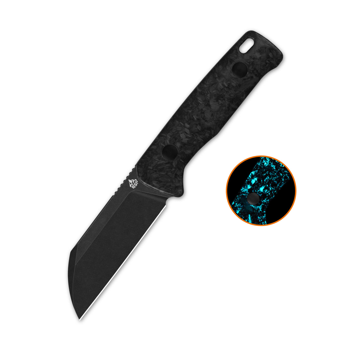 QSP Baby Penguin 14C28N blade Blue glow-in-the-dark shredded CF handle with Clip Slip sheath