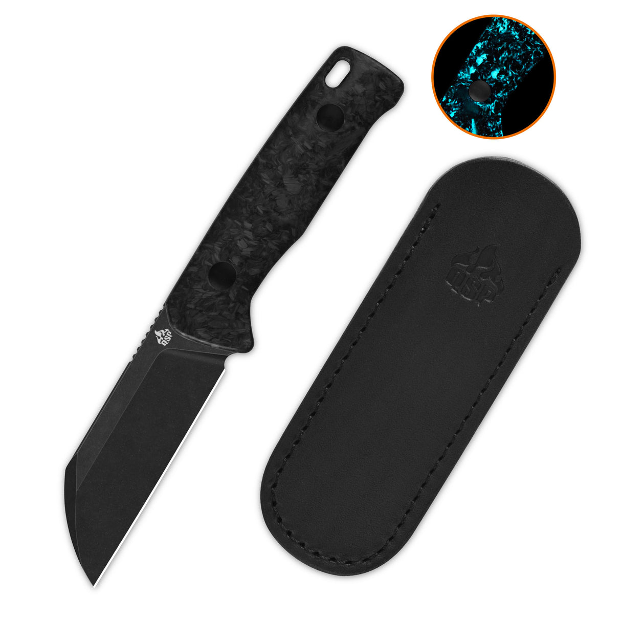 QSP Baby Penguin 14C28N blade Blue glow-in-the-dark shredded CF handle with Clip Slip sheath