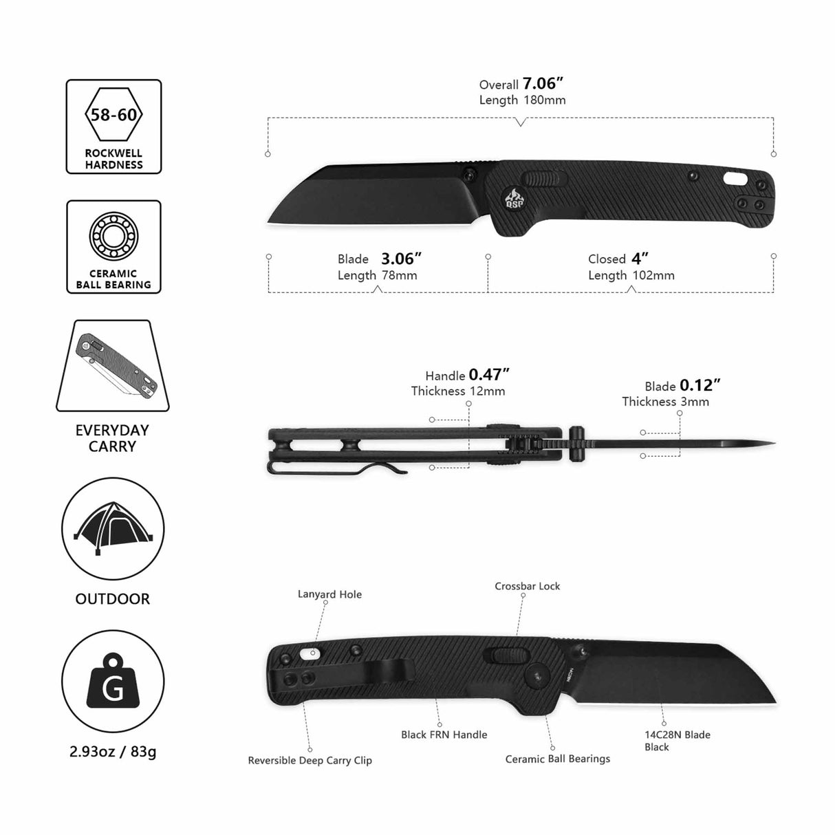 QSP Penguin Glyde Lock Pocket Knife 14C28N Blade Black FRN Handle