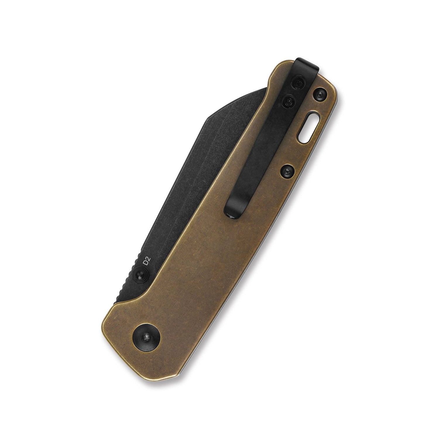 QSP Penguin pocket knife with brass handle and black blade, side view.