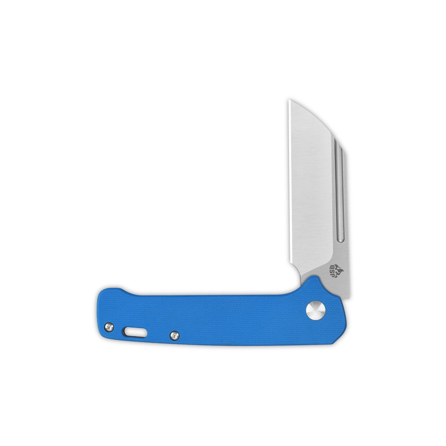 QSP Penguin Slip Joint knife with blue G10 handle and satin sheepsfoot blade