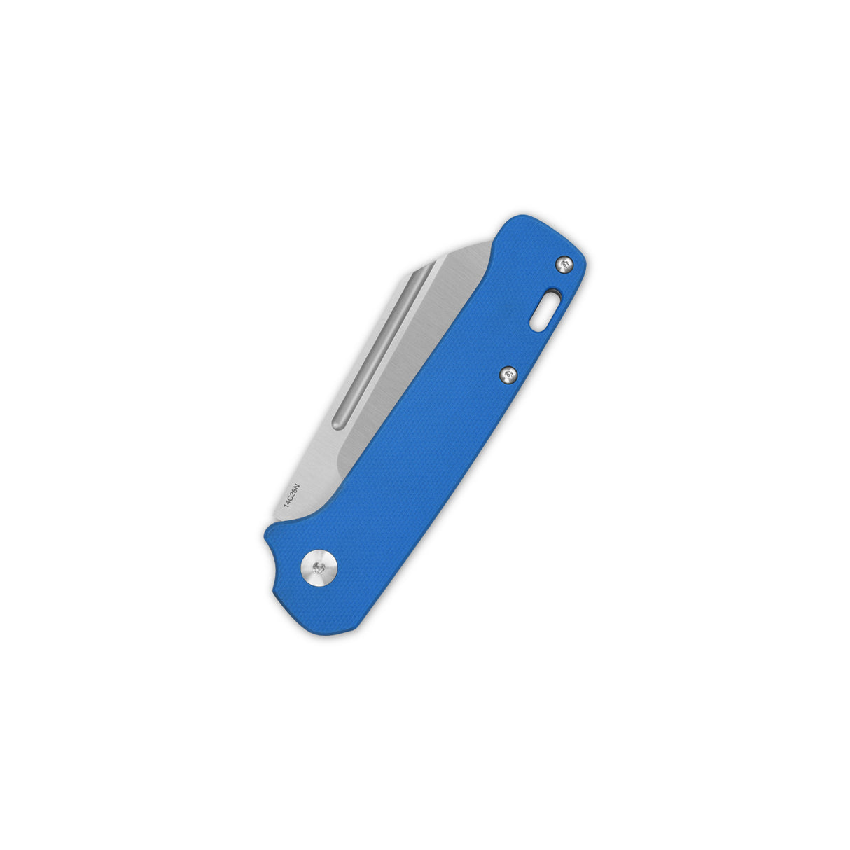 QSP Penguin Slip Joint knife with blue G10 handle and satin blade profile view.