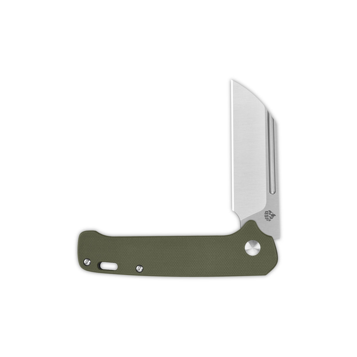 QSP Penguin Slip Joint knife with olive green G10 handle and satin sheepsfoot blade.