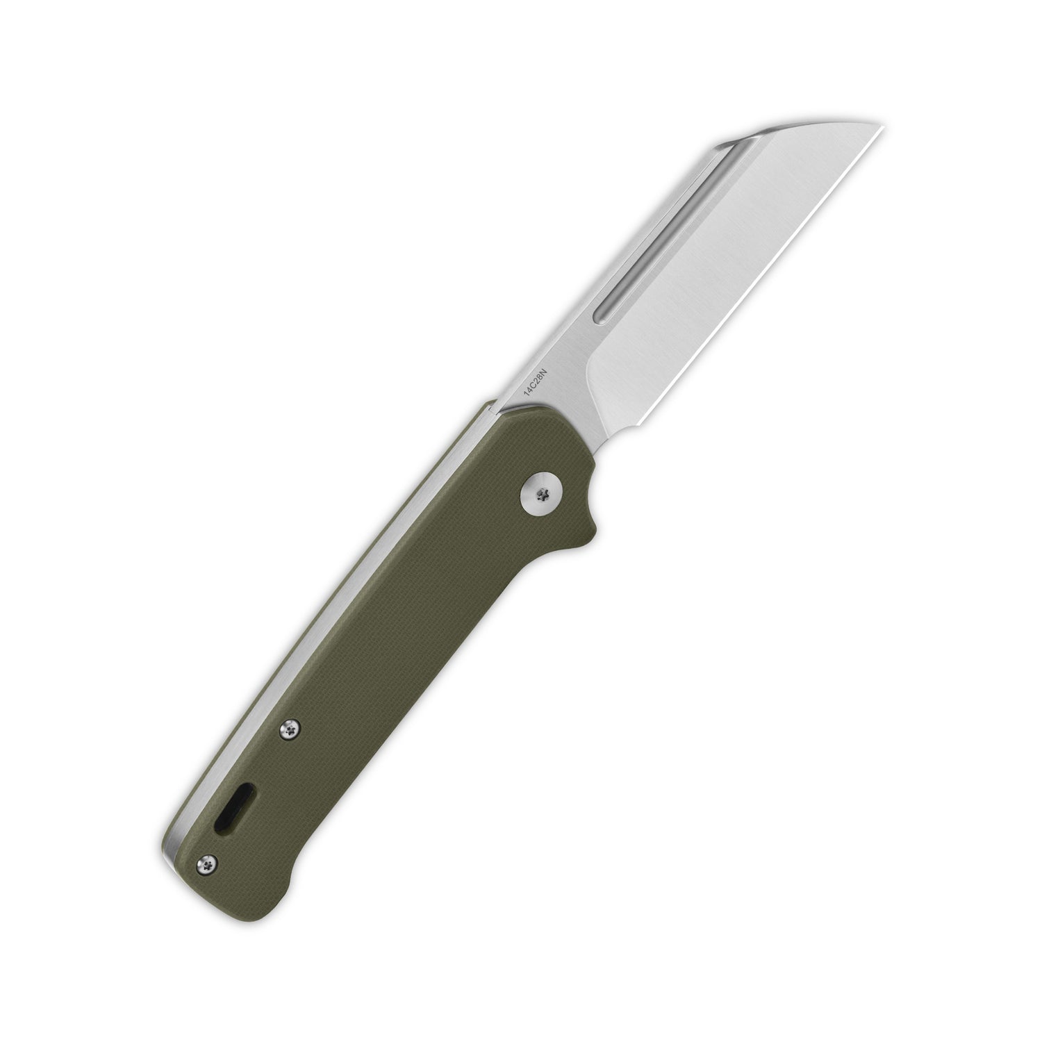 QSP Penguin Slip Joint knife with olive green G10 handle and satin sheepsfoot blade