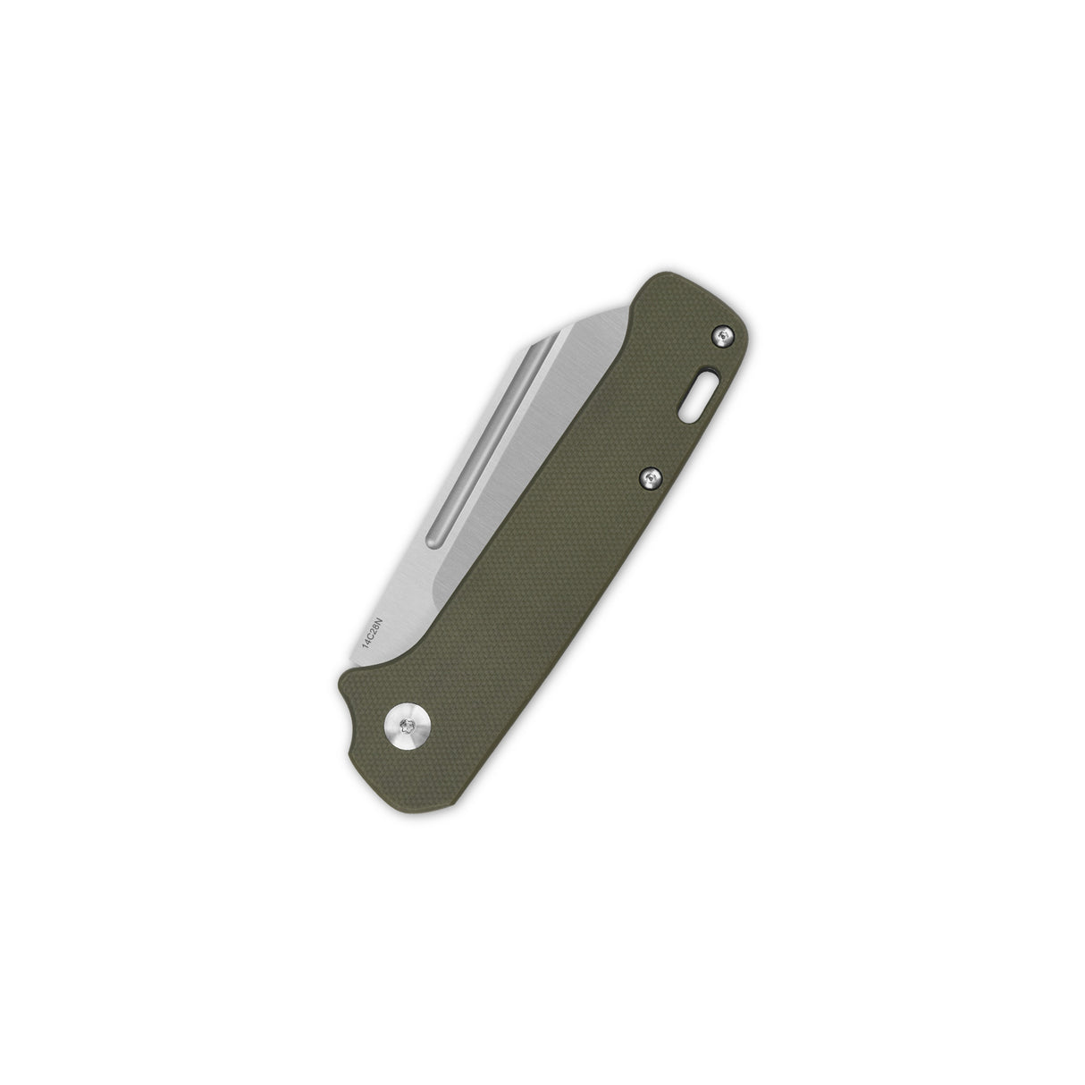 QSP Penguin Slip Joint knife with olive green G10 handle and satin blade angle view.