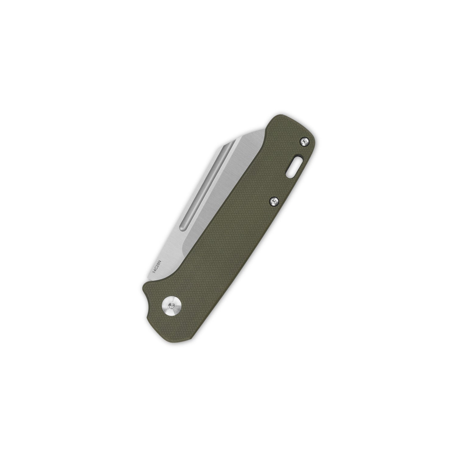 QSP Penguin Slip Joint knife with olive green G10 handle and satin blade angle view.