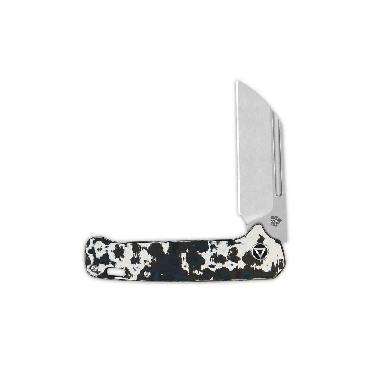 QSP Penguin knife with 20CV blade and white storm Fat Carbon handle profile view.