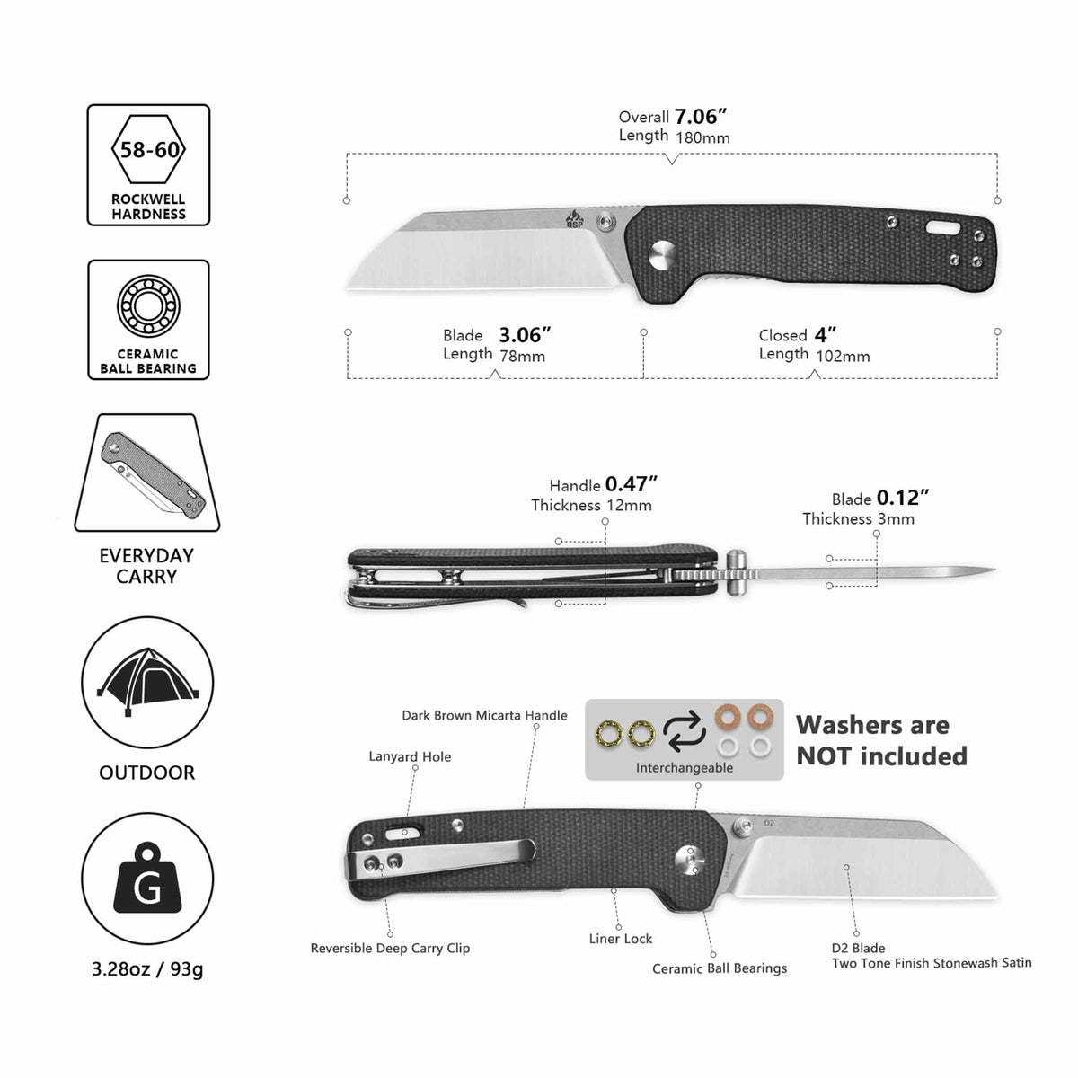 QSP Penguin V2 Liner Lock Pocket Knife D2 blade Dark Brown Micarta handle