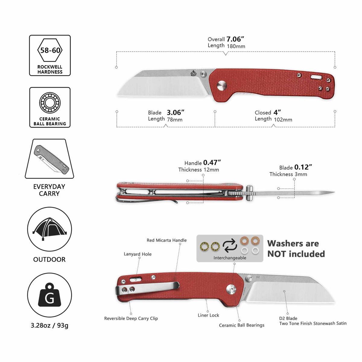 QSP Penguin V2 Liner Lock Pocket Knife D2 blade Red Micarta handle