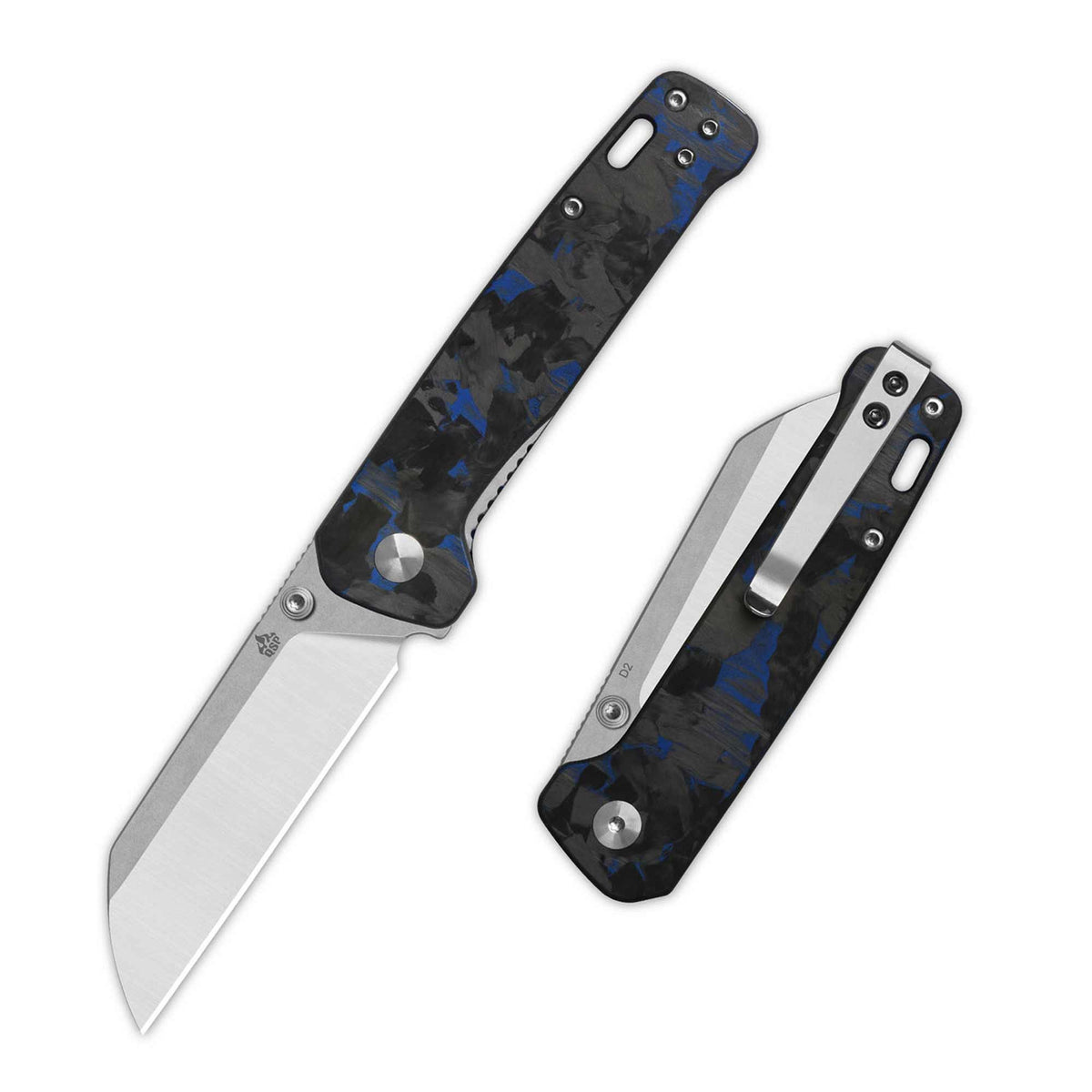 QSP Penguin V2 Liner Lock Pocket Knife D2 blade Blue Shredded CF overlay G10 handle