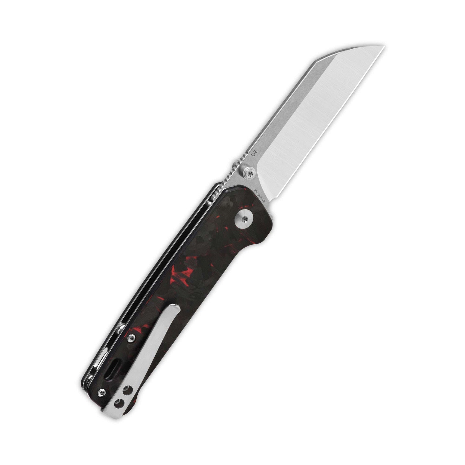 QSP Penguin V2 Liner Lock Pocket Knife D2 blade Red Shredded CF overlay G10 handle