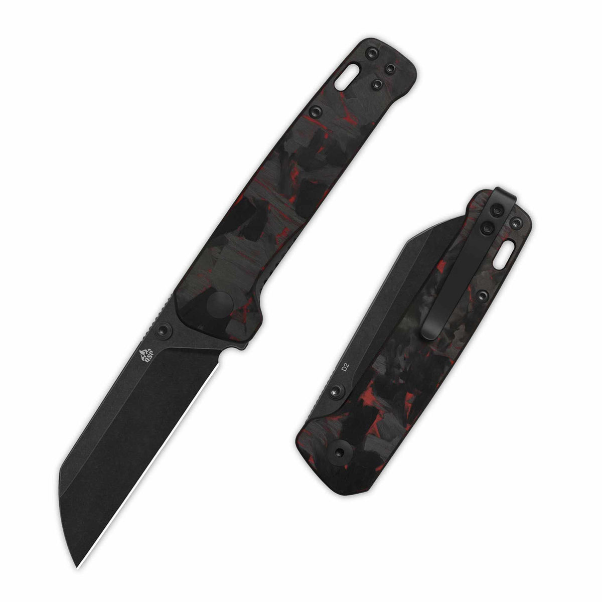 QSP Penguin V2 Liner Lock Pocket Knife D2 blade Red Shredded CF overlay G10 handle