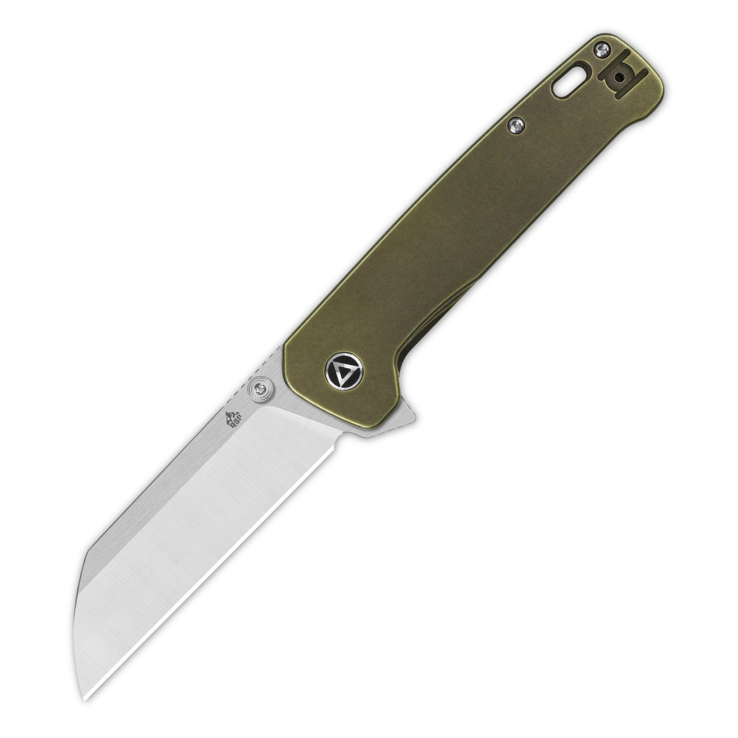 QSP Penguin Plus pocket knife with olive green titanium handle and 20CV sheepsfoot blade.