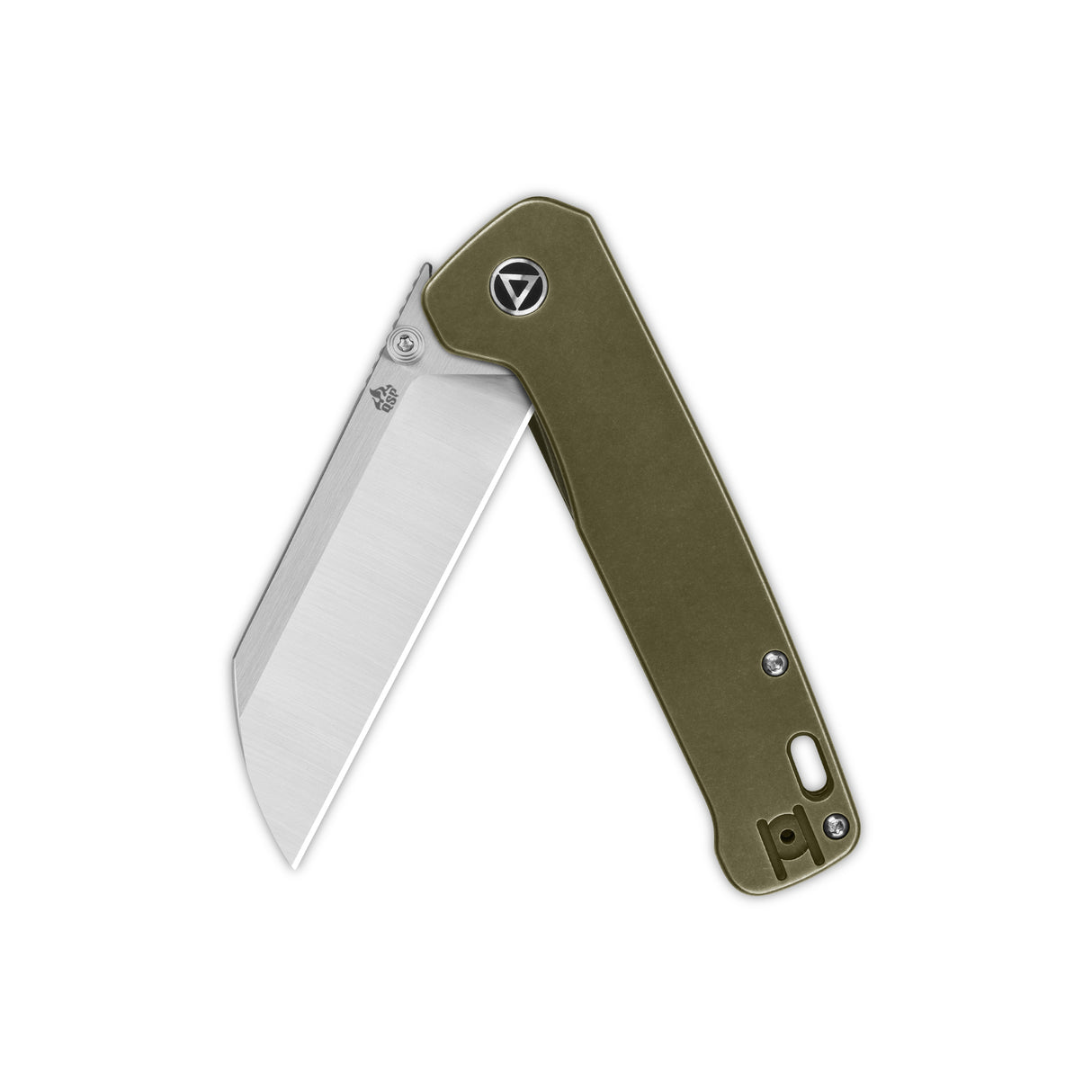 Partially open QSP Penguin Plus pocket knife with olive green titanium handle and sheepsfoot blade.